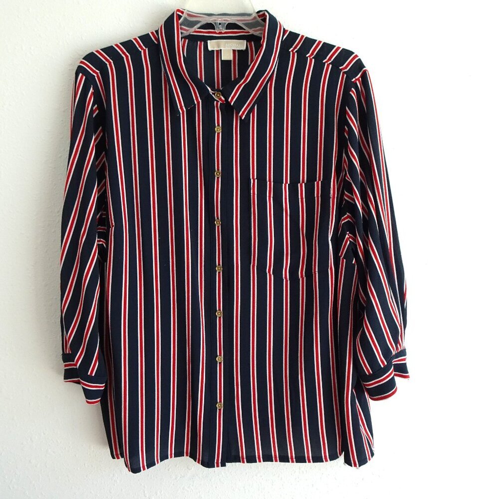 Michael Kors Button Front Top Blouse Women's Plus Size 3X Blue Red Stripe Office